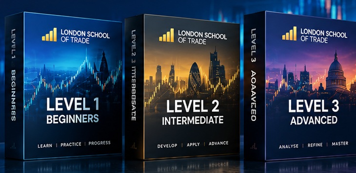 Multiple financial market trading screens representing the complete three-course bundle
