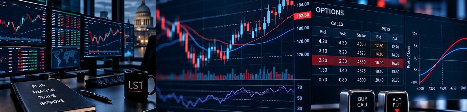 Financial trading screens covering market fundamentals, technical analysis and options