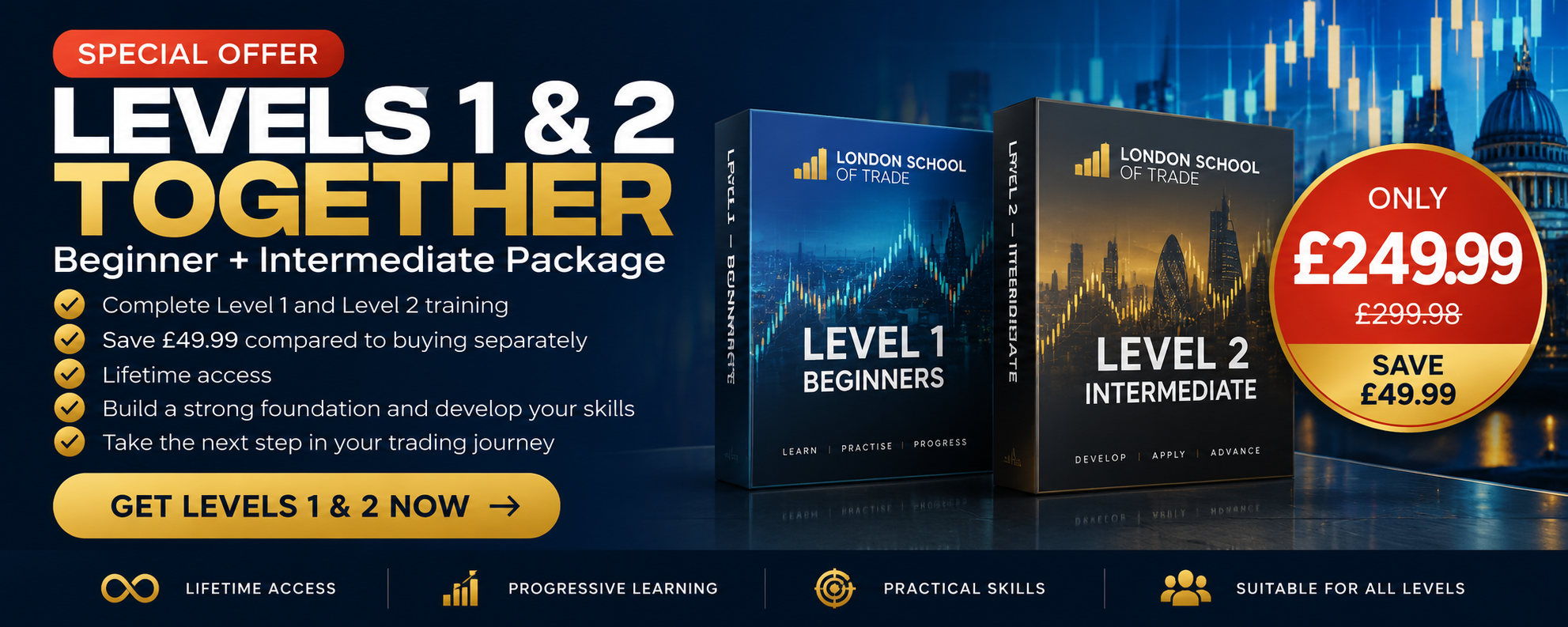 Levels 1 and 2 together: beginner and intermediate training, lifetime access, £249.99 instead of £299.98, save £49.99