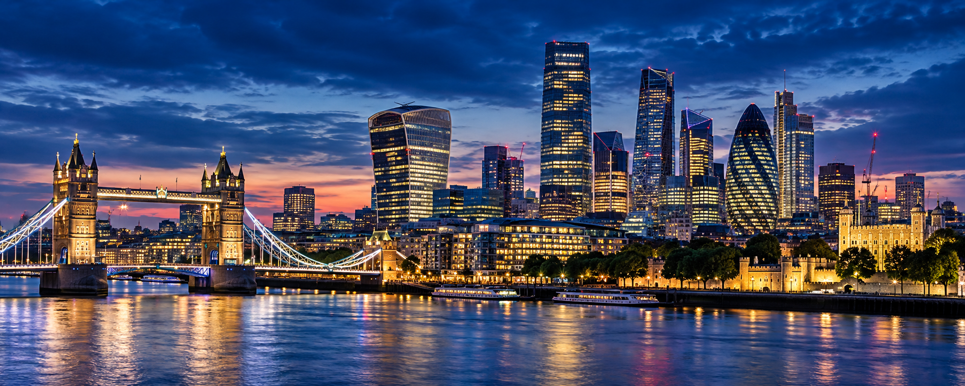 London skyline at blue hour, with Tower Bridge and the City financial district