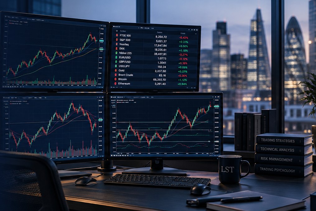 Professional trading desk with multiple market-analysis screens